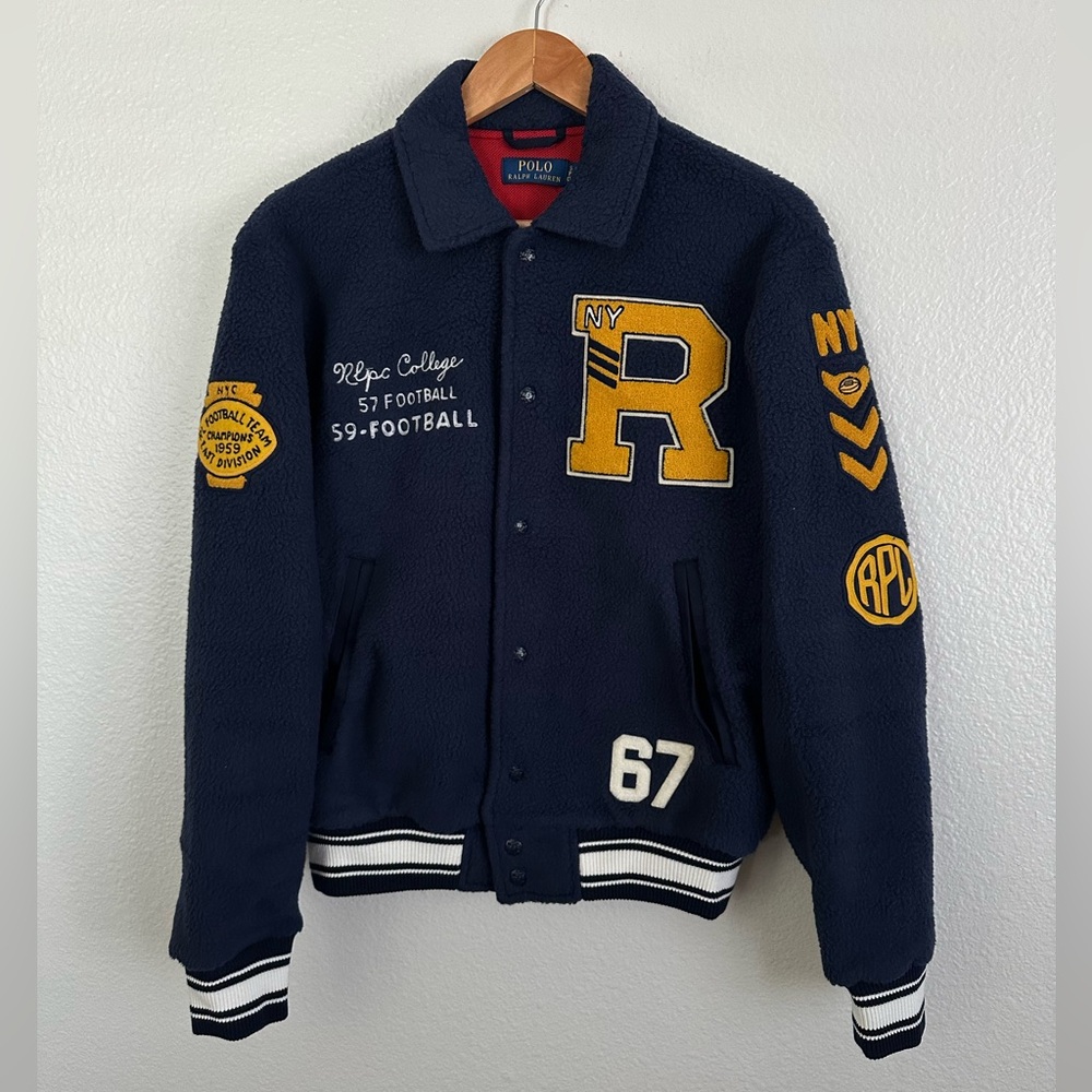 Polo Ralph Lauren Letterman Patched Football Jacket PWing NYC Fleece Size Small